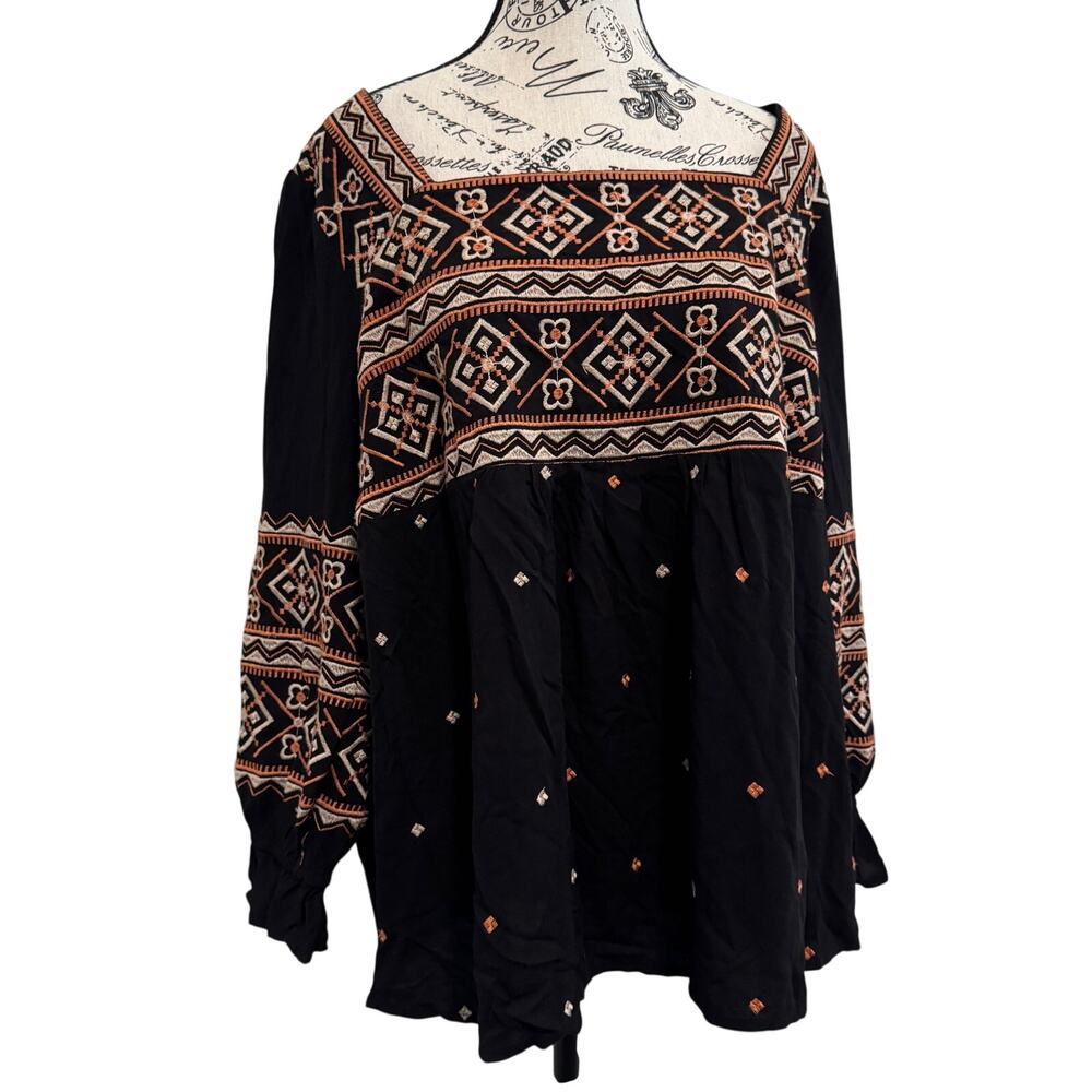 Savanna Jane Womens 2X Black Embroidered Peasant Top Boho Square Neck Rayon - Picture 2 of 11